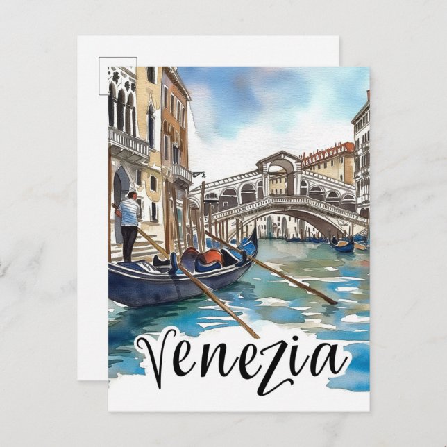 Cartão Postal Venezia Itália Watercolor Painting Viagem (Frente/Verso)