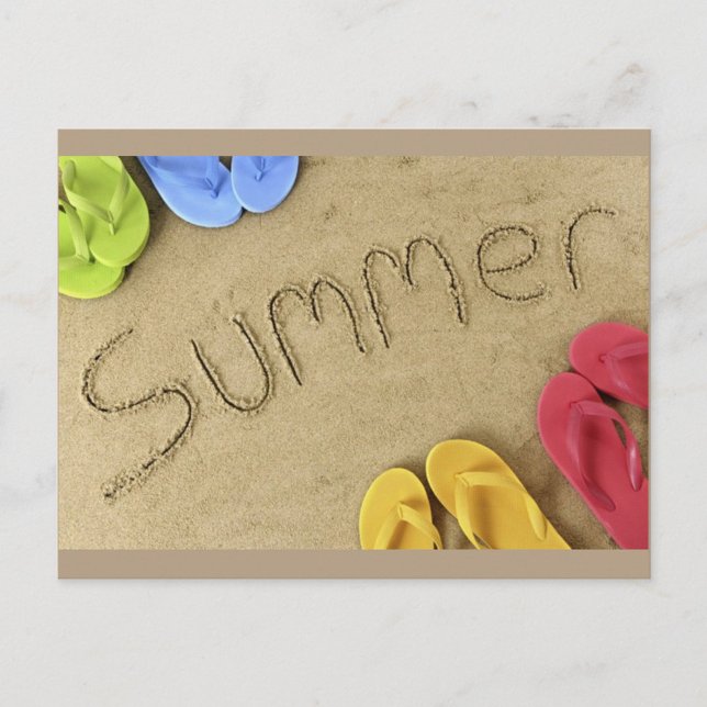 Cartão Postal Verão (The word "Summer" is written in the sand, with the letters appearing to be etched or drawn.)