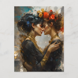 Cartão Postal Verdadeiros Amantes Lésbicas Flores no Cabelo