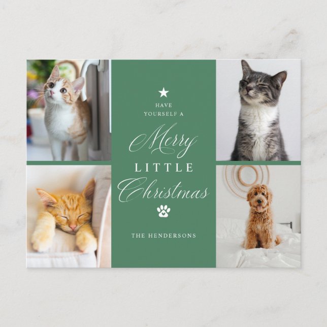 Cartão postal verde de Natal de Pet de 4 fotos (Frente)