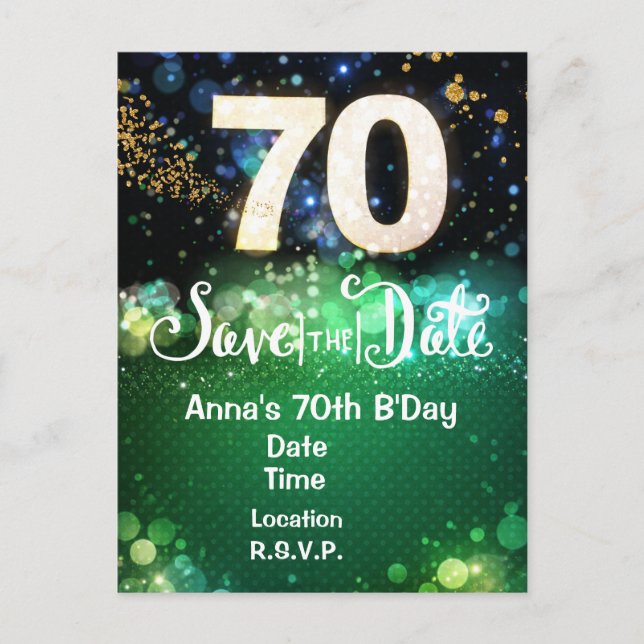 Cartão Postal Verde de Salve a Data dos 70 Anos de (Frente)