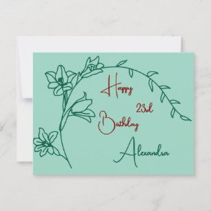 Cartão Postal Verde Floral Simples e Maroon envelhecido Aniversá