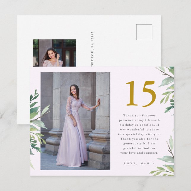 Cartão Postal Verde Foto Dois Quinceanera Rosa Agradecimento (Frente/Verso)