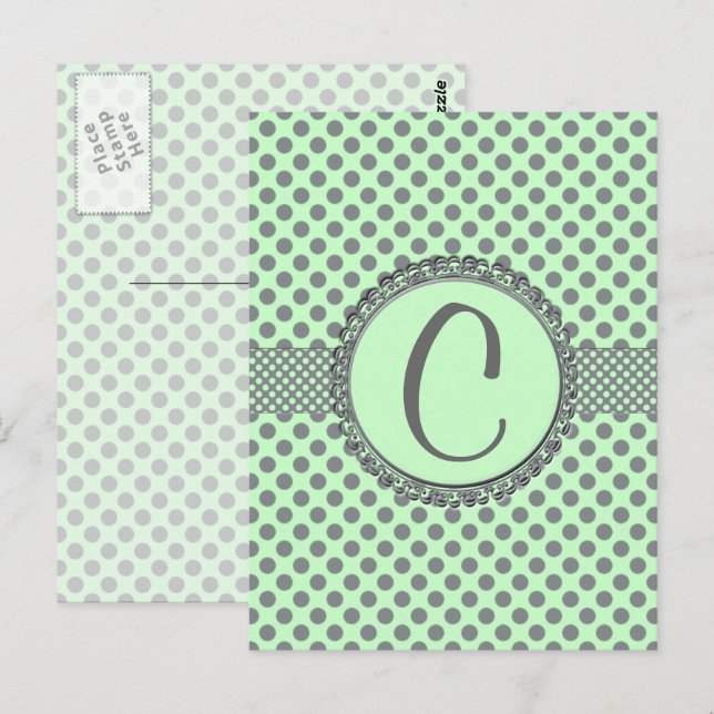Cartão Postal Verde Mint com Bolinhas-Monograma de Cinzas (Frente/Verso)