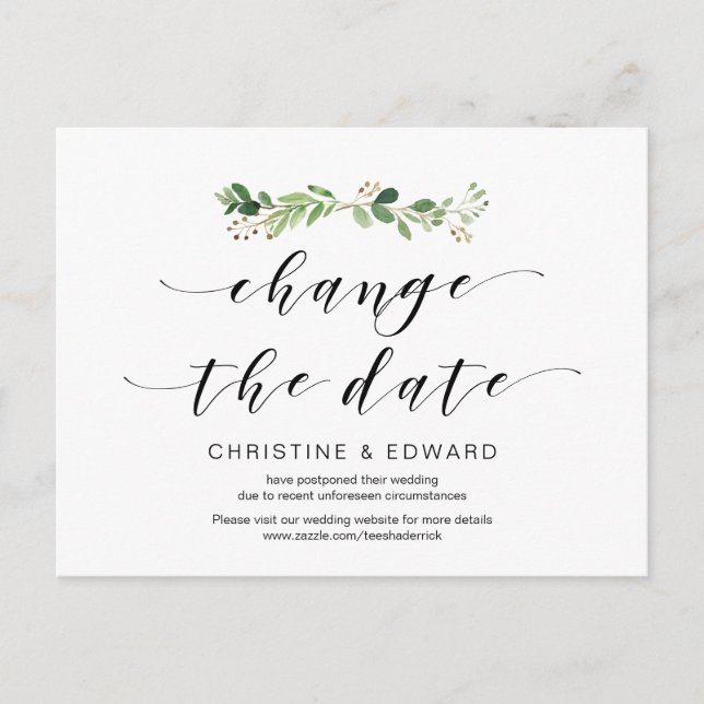 Cartão Postal Verde Moderno, Mudança de data, Adiado (Frente)