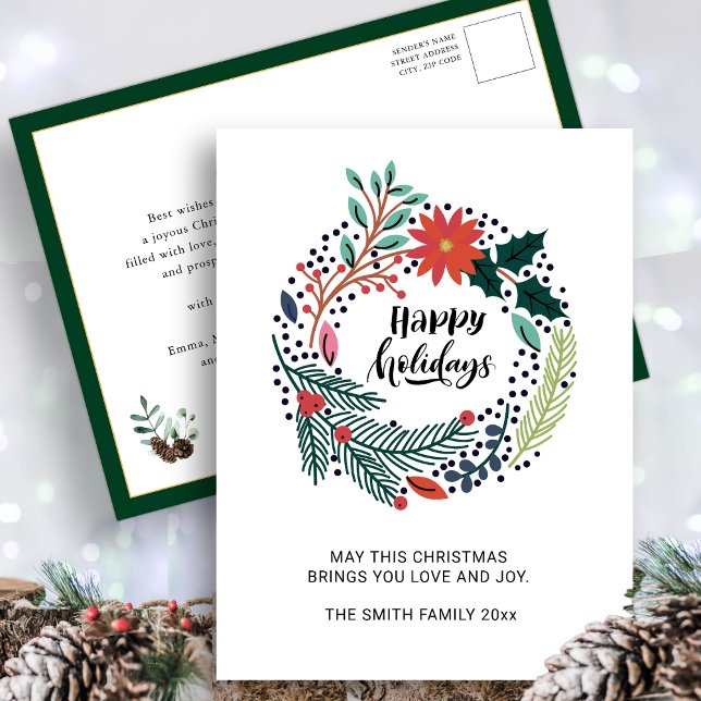 Cartão Postal Verde Russo Poinsettia Vermelha Floral Wreath Chic (Criador carregado)