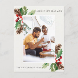 CARTÃO POSTAL VERDE VERDE HOLLY BERRY PINE CONE ANO NOVO FOTO