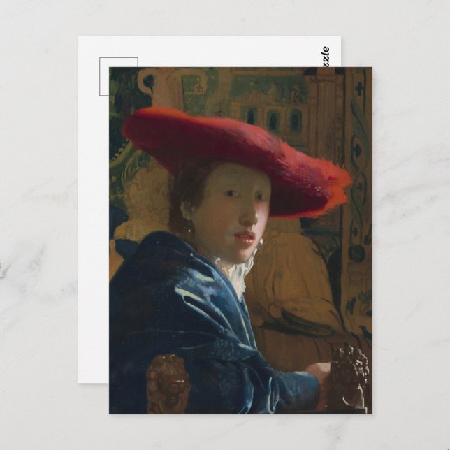 Cartão Postal Vermeer - Rapariga com Bela Arte Red Hat (Frente/Verso)