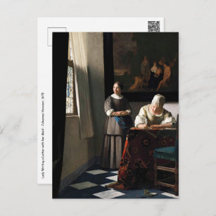 Cartão Postal Vermeer - Senhora Escrevendo uma carta com sua aju