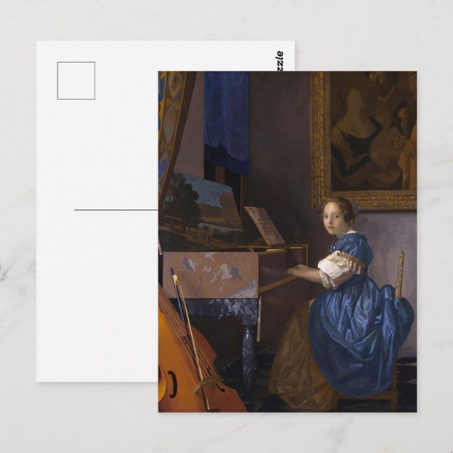Cartão Postal Vermeer - Senhora sentada em uma arte virgem fina (Frente/Verso)