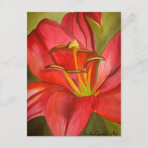 Cartão Postal Vermelho Alerta Lily - pintura em flor de aquarela