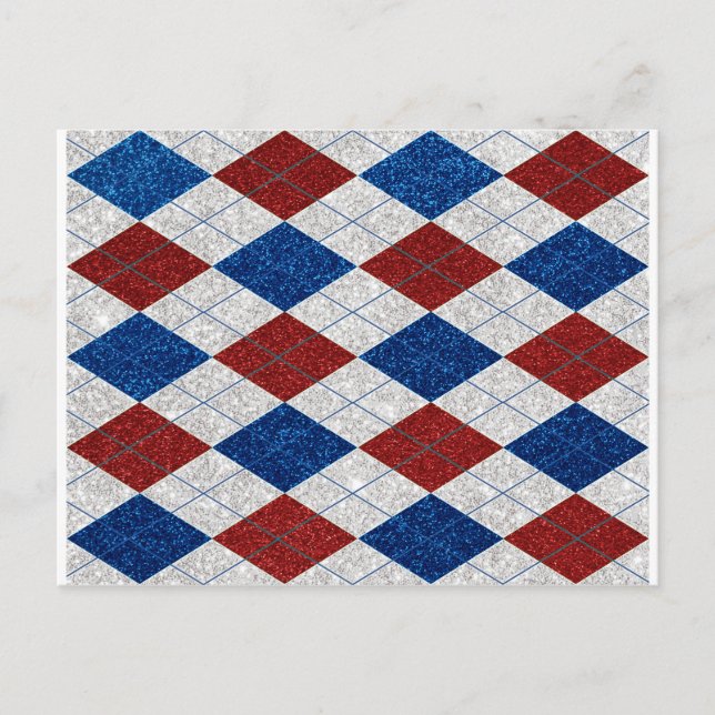 Cartão Postal Vermelho, Branco e Azul Argyle 4 de julho Glitter (Frente)
