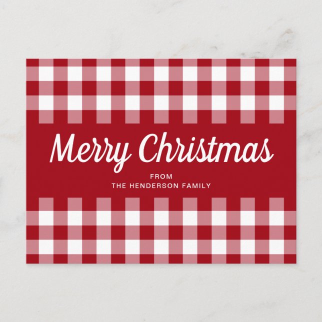 Cartão Postal Vermelho Clássico Gingham Feliz Natal (Frente)