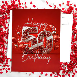 Cartão Postal Vermelho e Prata Reluzentes Aniversário de 50 Anos