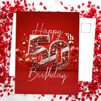 Cartão Postal Vermelho e Prata Reluzentes Aniversário de 50 Anos