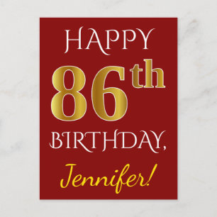 Cartão Postal Vermelho, Falso Aniversário de 86 anos Dourado + N