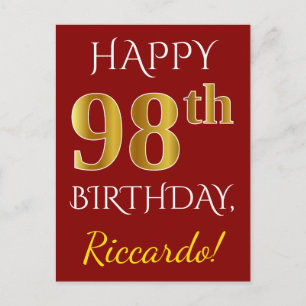 Cartão Postal Vermelho, Falso Aniversário de 98 anos em Ouro + N