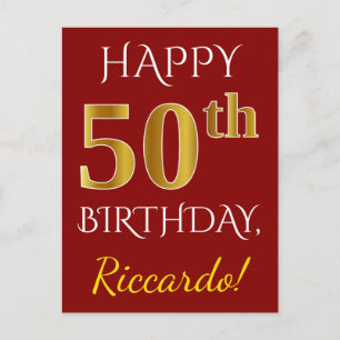 Cartão Postal Vermelho, Faux Dourado 50º Aniversário + Nome Pe