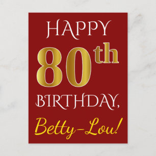 Cartão Postal Vermelho, Faux Dourado 80 Birthday + nome personal