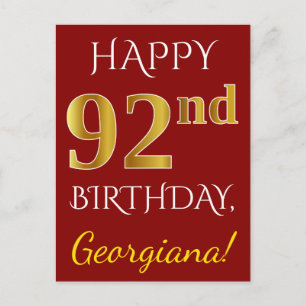 Cartão Postal Vermelho, Faux Dourado 92º Aniversário + Nome Pe