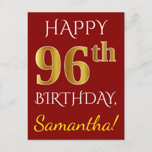 Cartão Postal Vermelho, Faux Dourado 96º Aniversário + Nome Pe