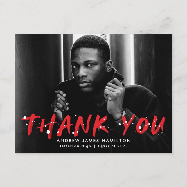 Cartão Postal Vermelho | Foto do moderno Paint Splatter Obrigado (Frente)