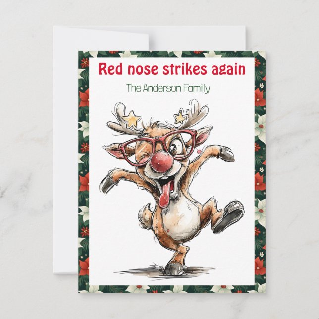 Cartão postal vermelho retrô de Natal com renas fo (Frente)