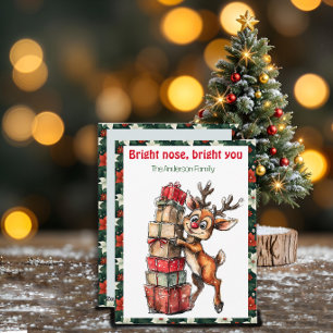 Cartão postal vermelho retrô de Natal com renas fo