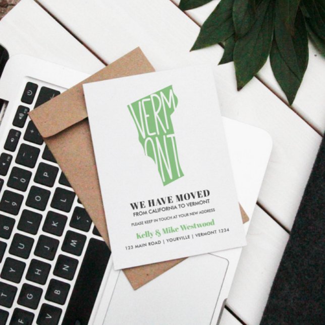 Cartão Postal VERMONT Movimentamos novo endereço Nova casa (VERMONT MAP THEMED MOVING OR RELOCATION ANNOUNCEMENT POSTCARD)