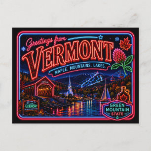 Cartão Postal Vermont Neon Estado Retro Vintage