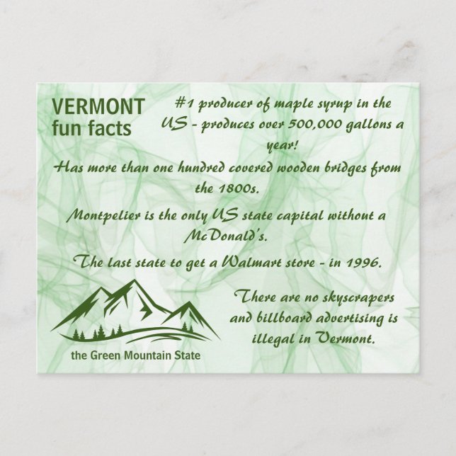 Cartão Postal Vermont, os Fatos Divertidos do Estado da Montanha (Frente)