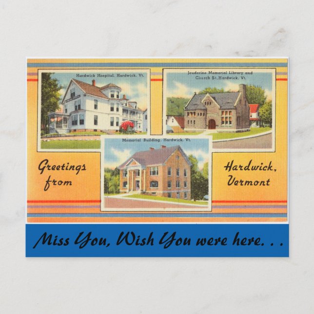 Cartão Postal Vermont, Saudações de Hardwick (Frente)