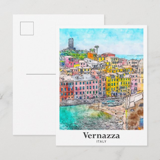 Cartão Postal Vernazza Itália Viagem Watercolor Sketch Drach (Frente/Verso)