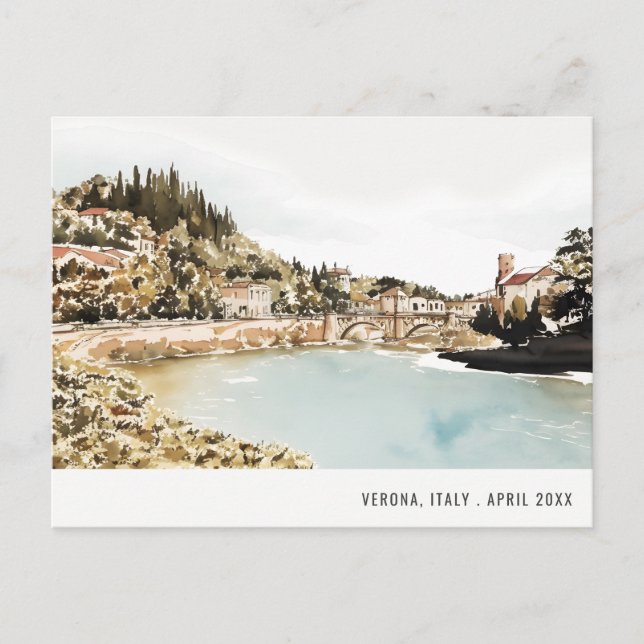 Cartão Postal Verona Rio Adige Itália Aquarela Viagem Italiana (Frente)
