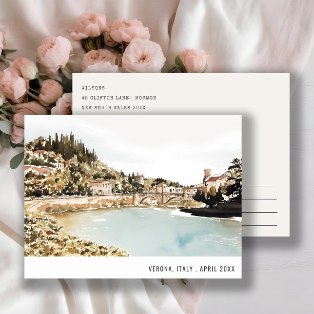 Cartão Postal Verona Rio Adige Itália Aquarela Viagem Italiana (Criador carregado)