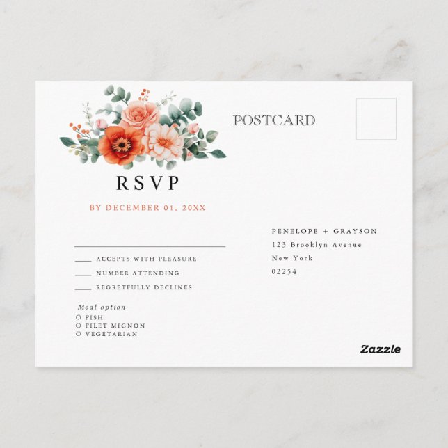 Cartão Postal Verona Sunset Bright Orange Modern Floral RSVP (Verso)