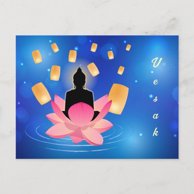 Cartão Postal Vesak Day Buddha sobre Lotus Lantern Vaisakha (Frente)