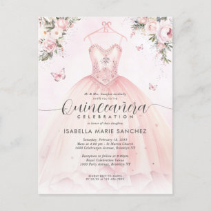 Cartão Postal Vestido de Princesa Floral Rosa Quinceanera Aniver