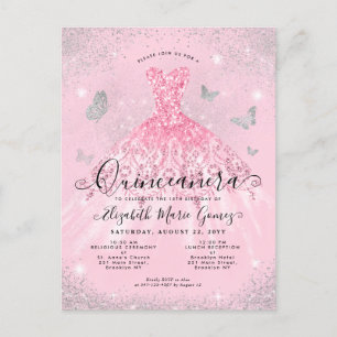 Cartão Postal Vestido Glam Rosa com Brilho Prata Quinceanera