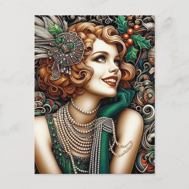 Cartão Postal Vestido Verde da Mulher Flapper de Natal maravilho (Frente)