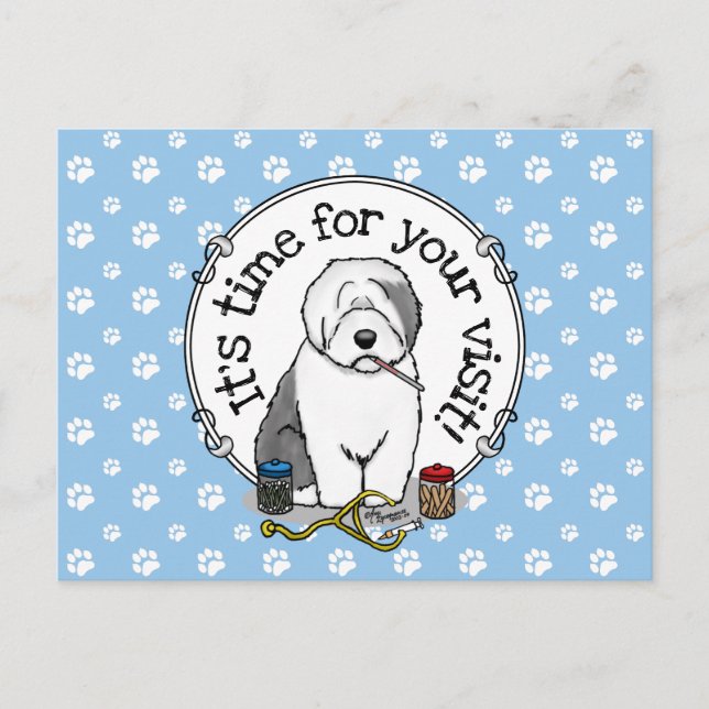 Cartão Postal Veterinário Visita Lembrete Antigo Cão-Obra Inglês (Frente)