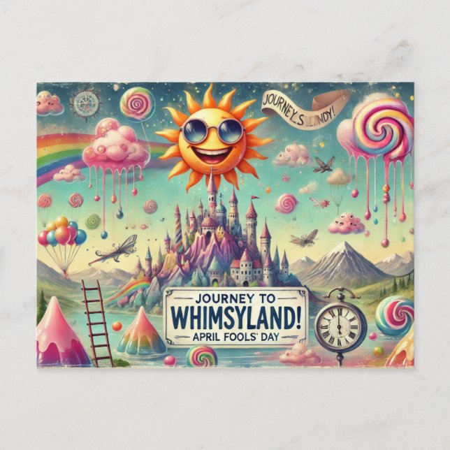 Cartão Postal "Viagem a Whimsyland!" Dia dos Padrões de Abril, (Frente)