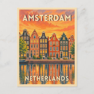 Cartão Postal Viagem Antiga Amsterdã Holanda Pôr do Sol Retrô