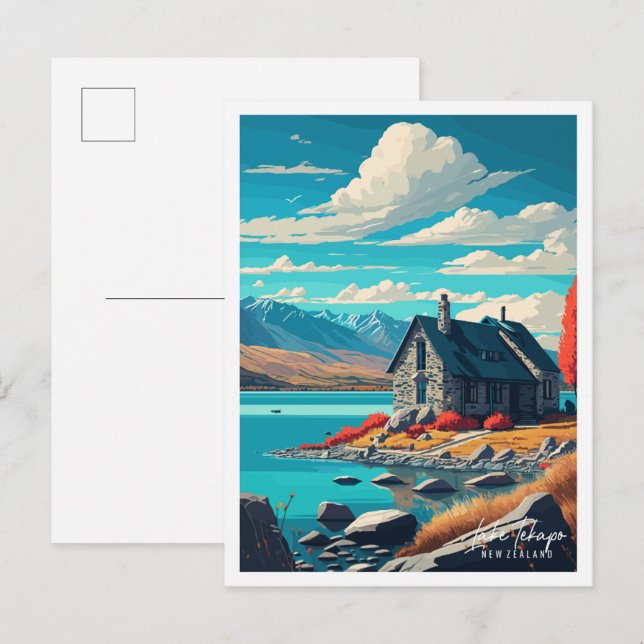Cartão Postal Viagem antiga ao Lago Tekapo Nova Zelândia (Frente/Verso)