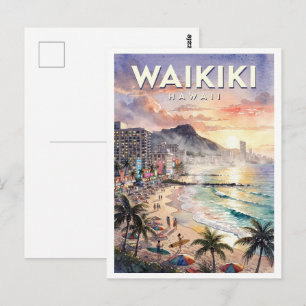 Cartão Postal Viagem Antiga Waikiki Havaí