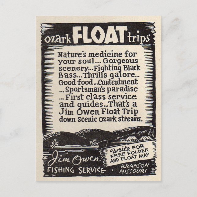 Cartão Postal Viagem Branson Missouri do flutuador de Jim Owen (Frente)