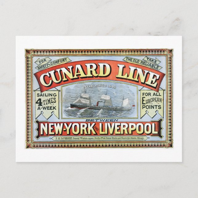 Cartão Postal Viagem da Cunard Line de Nova York para Liverpool (Frente)