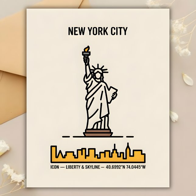 Cartão Postal Viagem de Arte Mínima da Estátua da Liberdade em N (New York Statue of Liberty Minimal Line Art Travel Postcard)