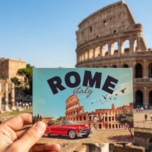 Cartão Postal Viagem de Conversível Vermelho do Coliseu de Roma