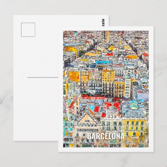 Cartão Postal Viagem de Espanha de Barcelona Aquarela (Frente/Verso)